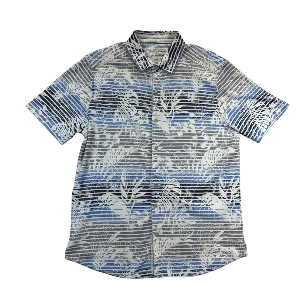 Tommy Bahama Shirt Mens M Blue Gray IslandZone‎ SS Button Up Hawaiian Tropical